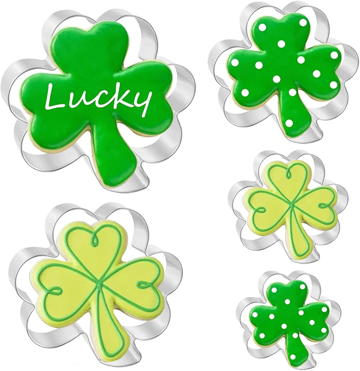 5Pcs Shamrock Cookie Cutters Shapes for St. Patrick's Day Stainless Steel Clover Cookie Cutter Set for Irish Spring Family Baking Party Decorations Supplies